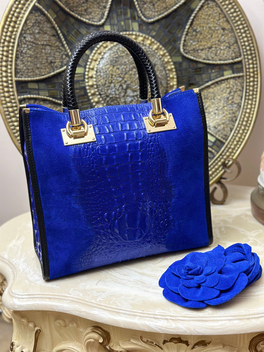 Suede Croc Emboss Italian Leather Handbag